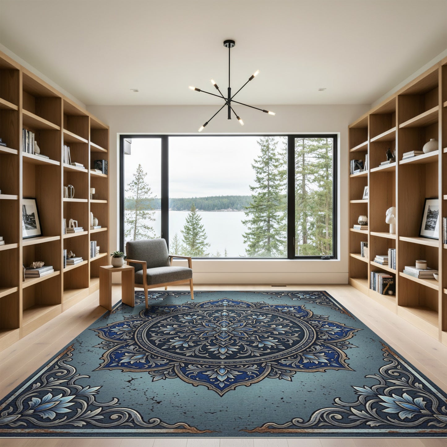 Elegant Navy Silver Floral Medallion Rug