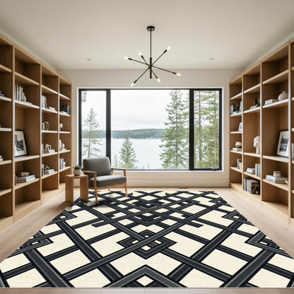 Sophisticated Charcoal Interlocking Geometric Grid Rug