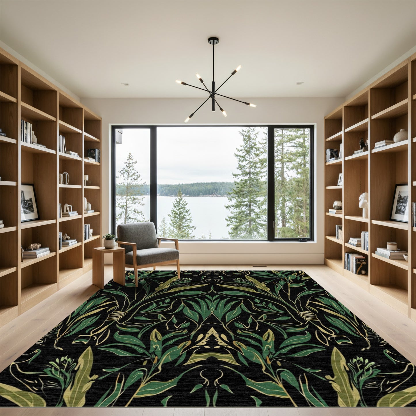 Dark Green Gilded Foliage Symmetry Rug