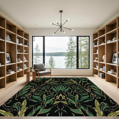Dark Green Gilded Foliage Symmetry Rug