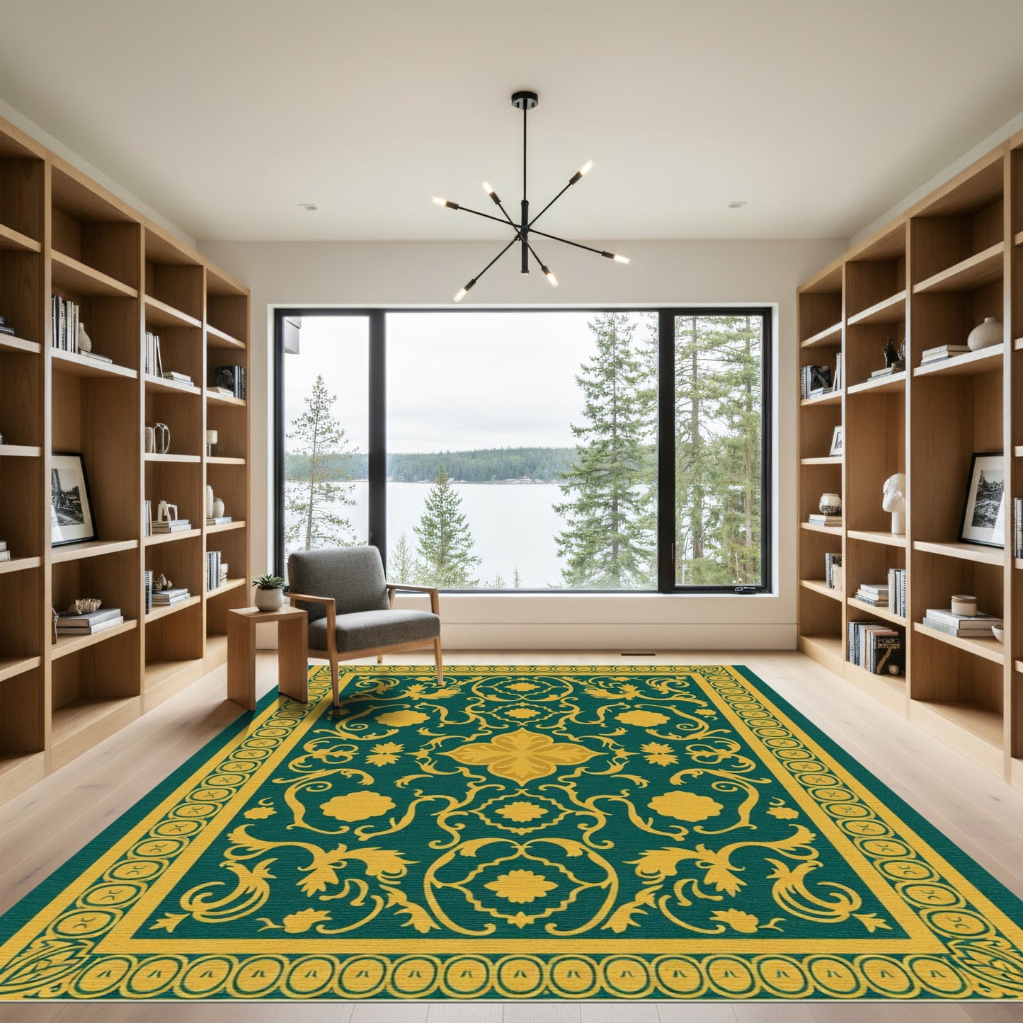 Golden Floral Scrolls Emerald Rug
