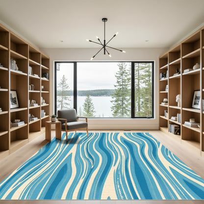 Ocean And Cream Swirl Abstract Rug