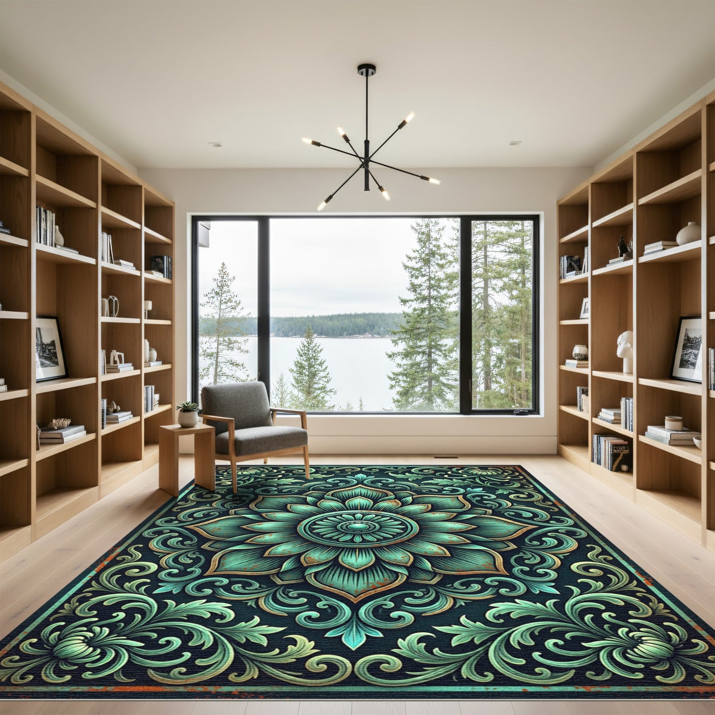 Vintage Teal Floral Medallion Scroll Rug