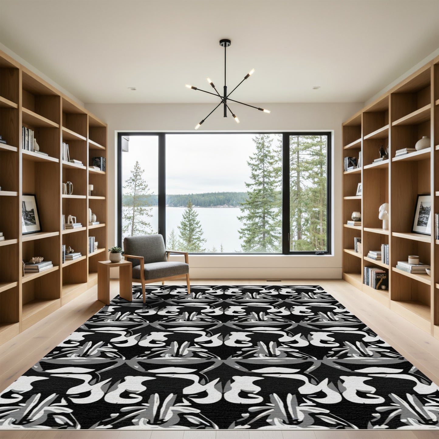 Abstract Black White Organic Swirls Rug