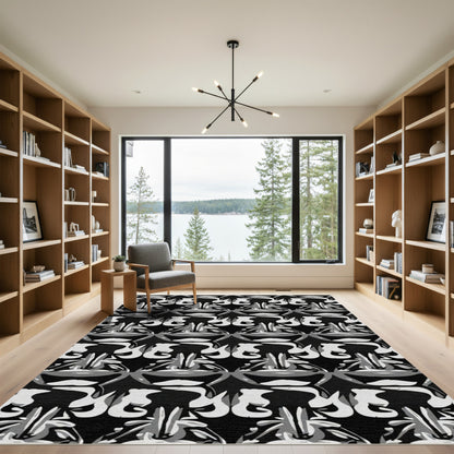 Abstract Black White Organic Swirls Rug