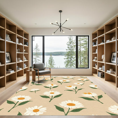 Floral Daisy Meadow Green Beige Rug