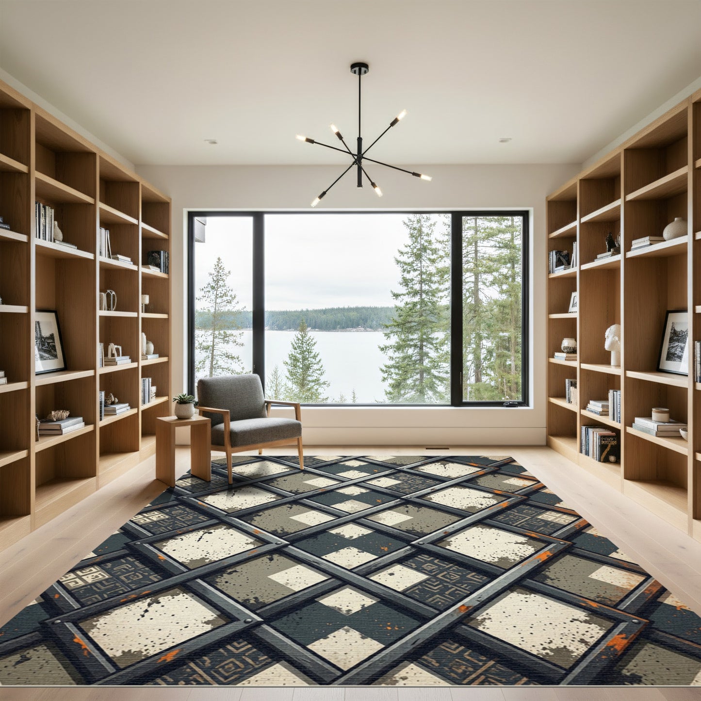Industrial Lattice Grid Charcoal Cream Rug