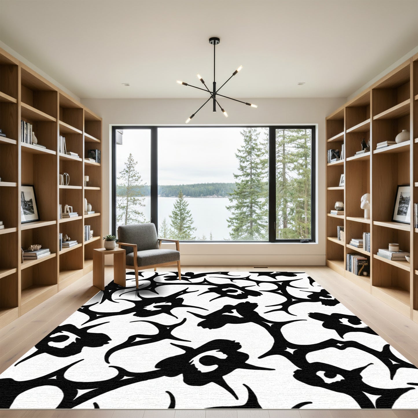 Bold Black Organic Spiky Floral Rug