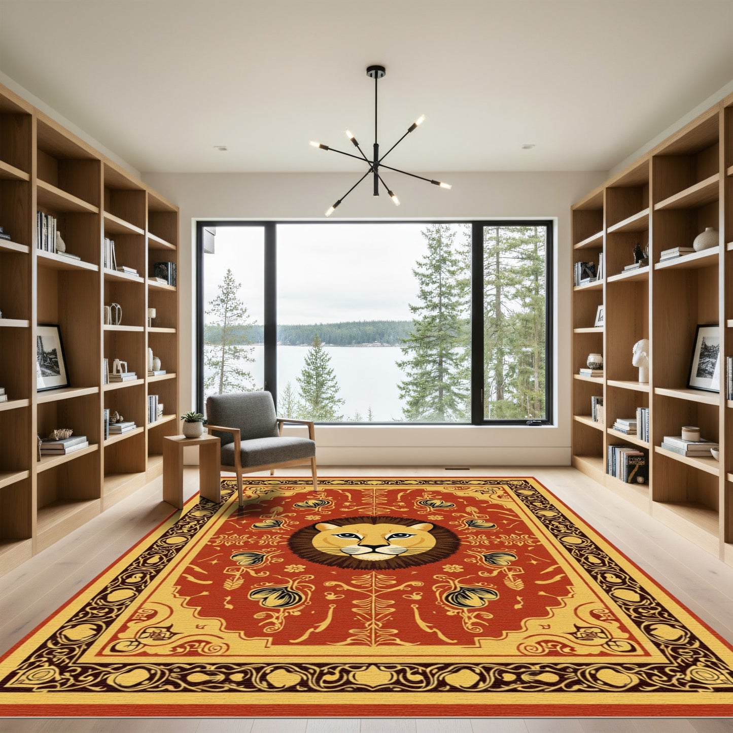 Majestic Lion Head Red Gold Medallion Rug