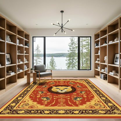 Majestic Lion Head Red Gold Medallion Rug