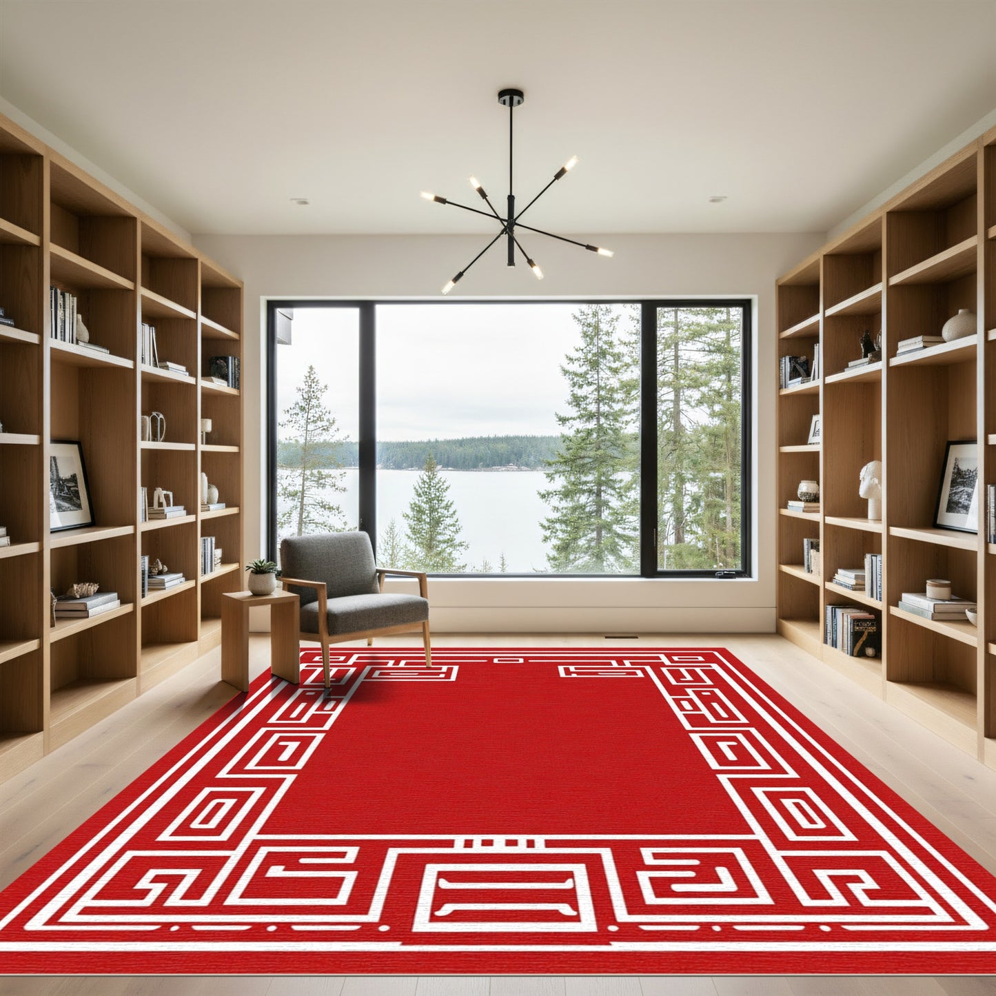 Geometric Red White Border Rug