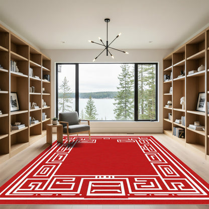 Geometric Red White Border Rug