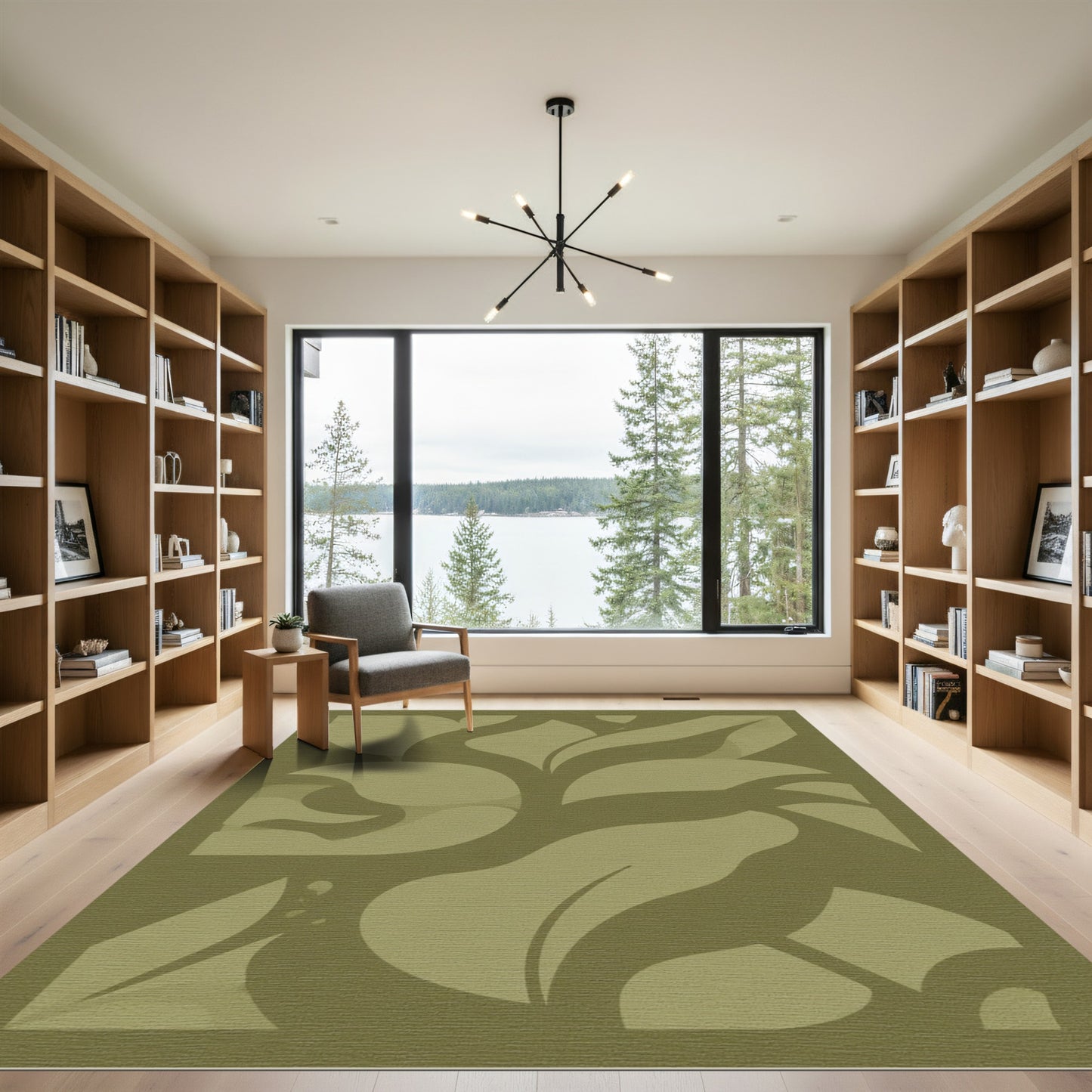 Olive Green Abstract Botanical Swirl Rug