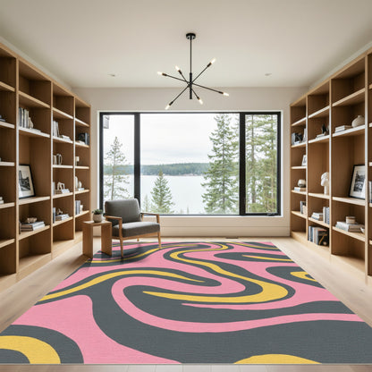 Retro Pink Yellow Swirl Composition Rug