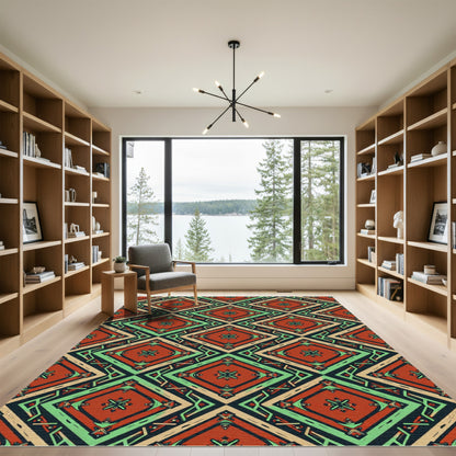 Earthy Geometric Diamond Terracotta Green Rug
