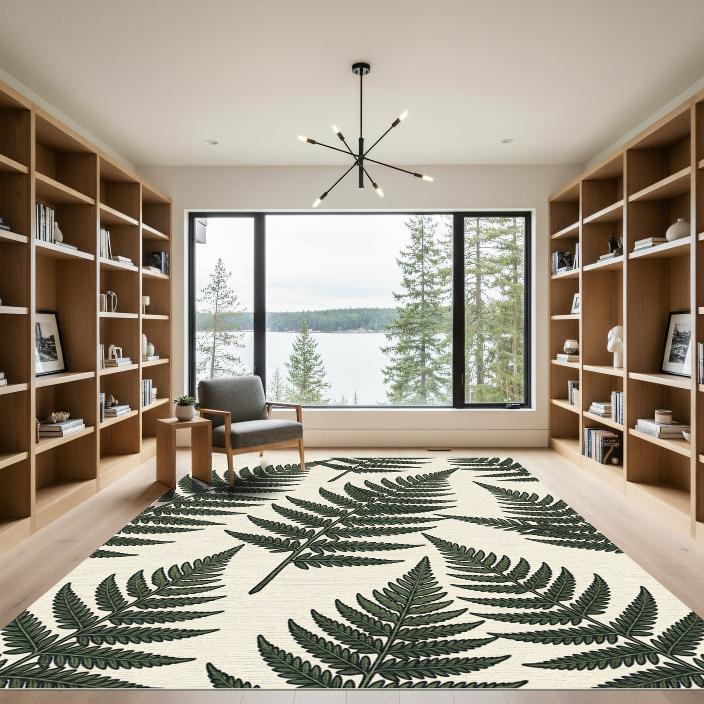Lush Forest Green Botanical Fern Leaves Rug