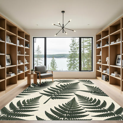 Lush Forest Green Botanical Fern Leaves Rug