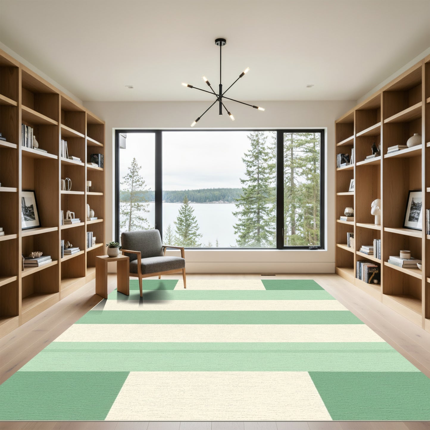 Sage Green Cream Stripe Geometric Rug