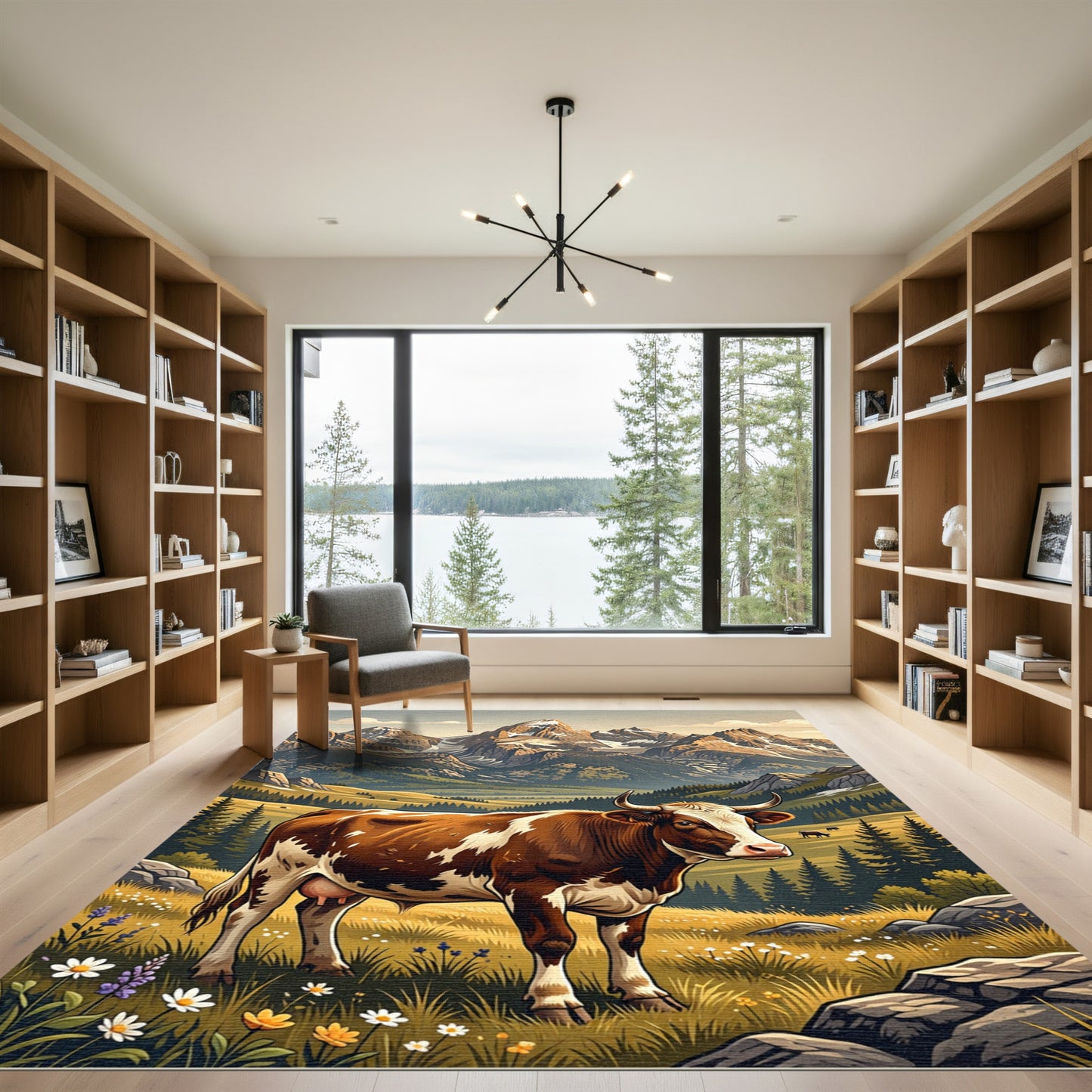 Majestic Alpine Cow Mountain Meadow Landscape Rug
