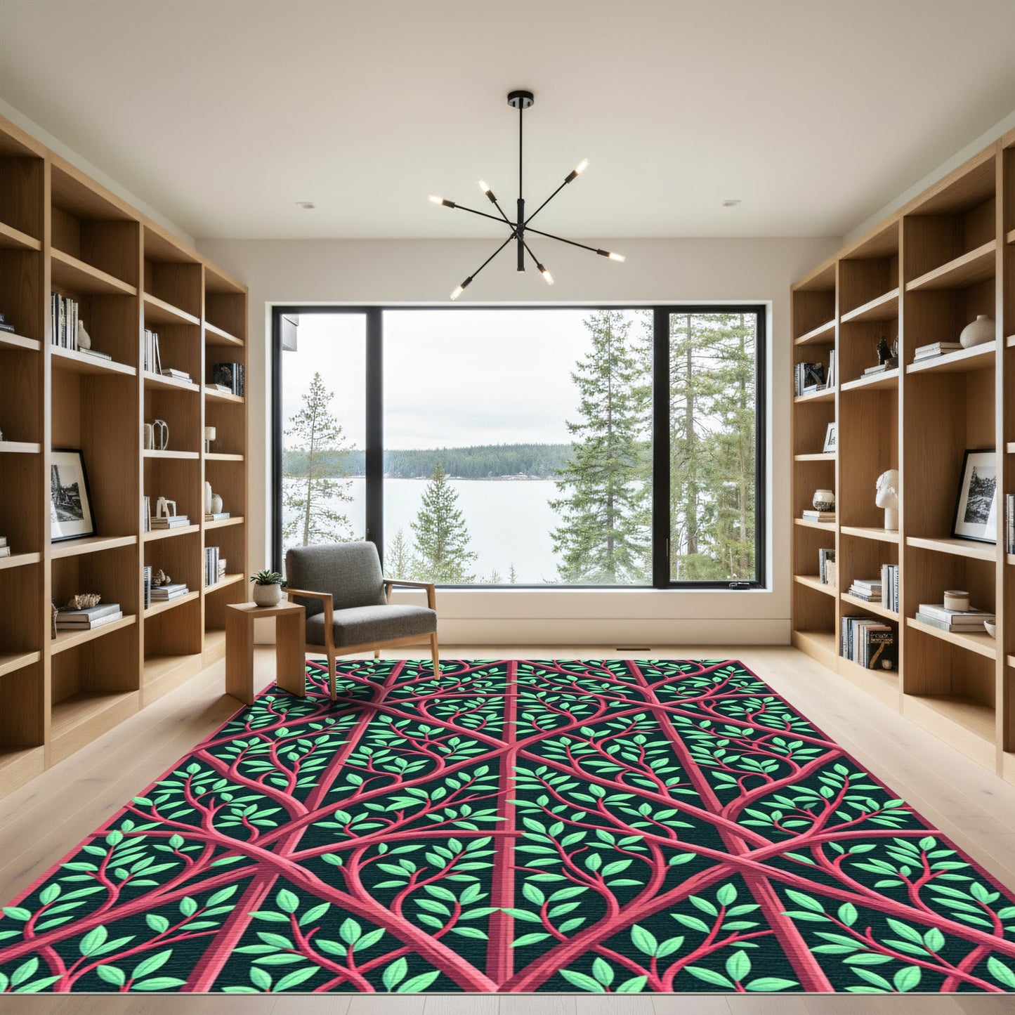 Crimson Trellis with Lush Green Foliage Rug