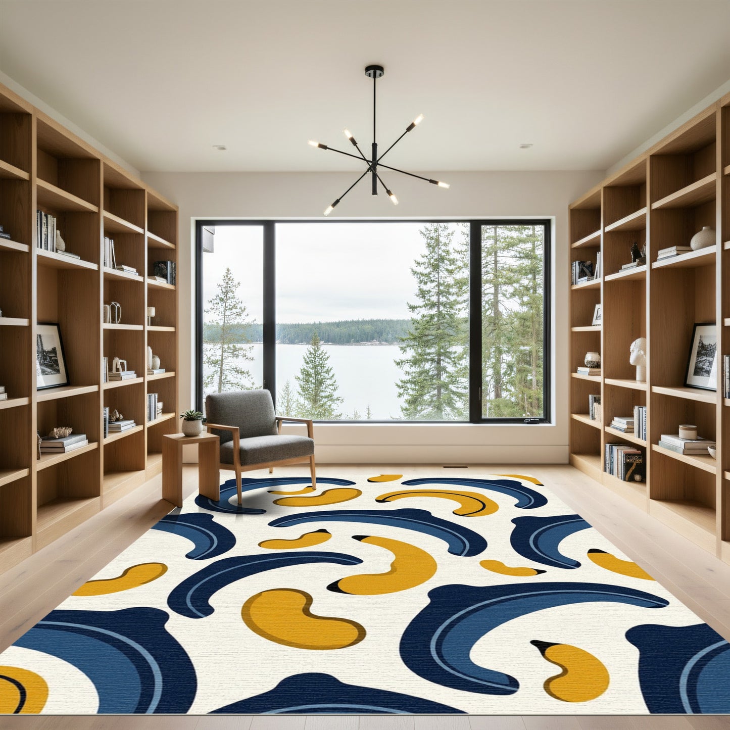 Playful Navy Blue and Golden Banana Art Rug