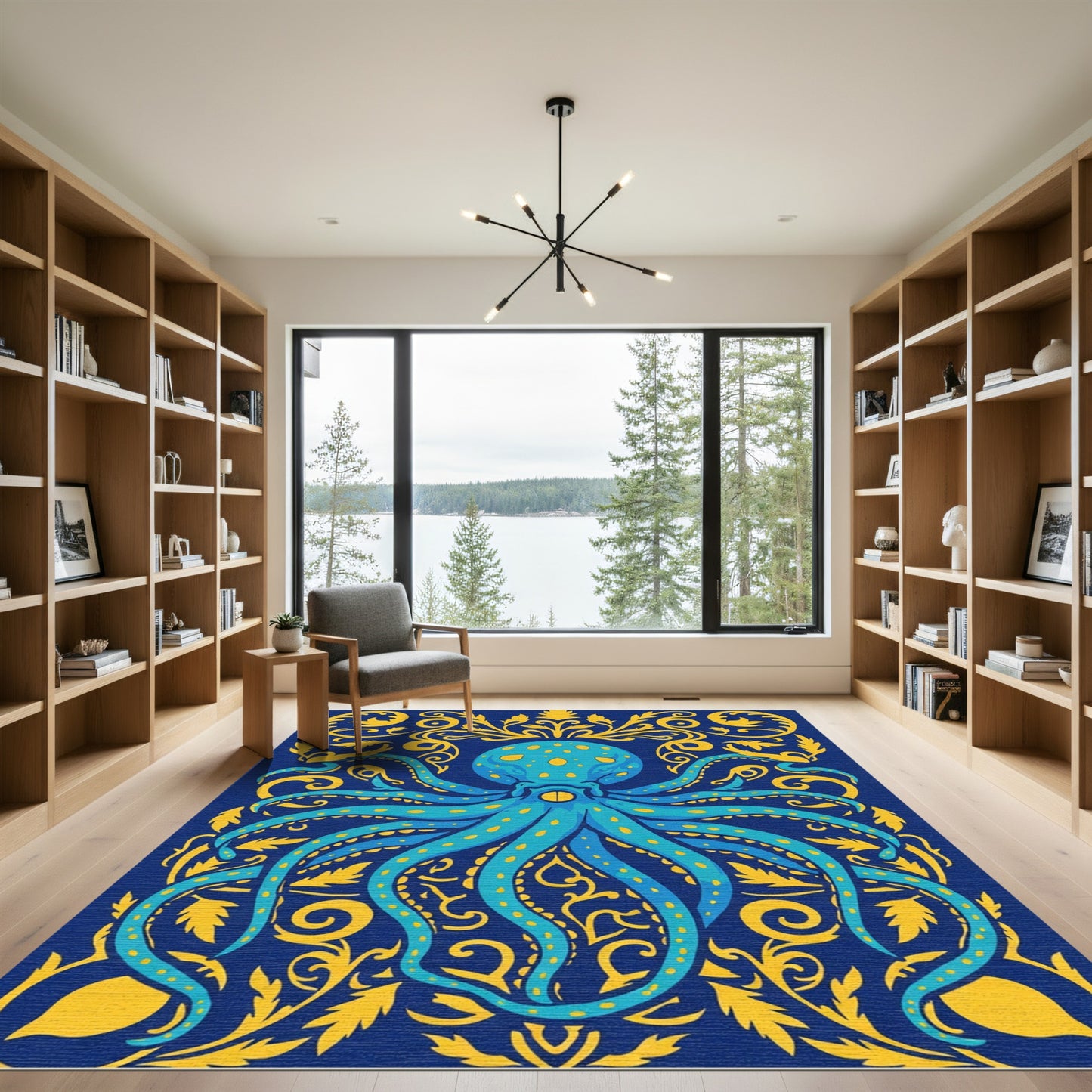 Navy Blue Yellow Octopus Floral Art Rug