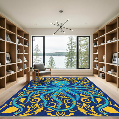 Navy Blue Yellow Octopus Floral Art Rug