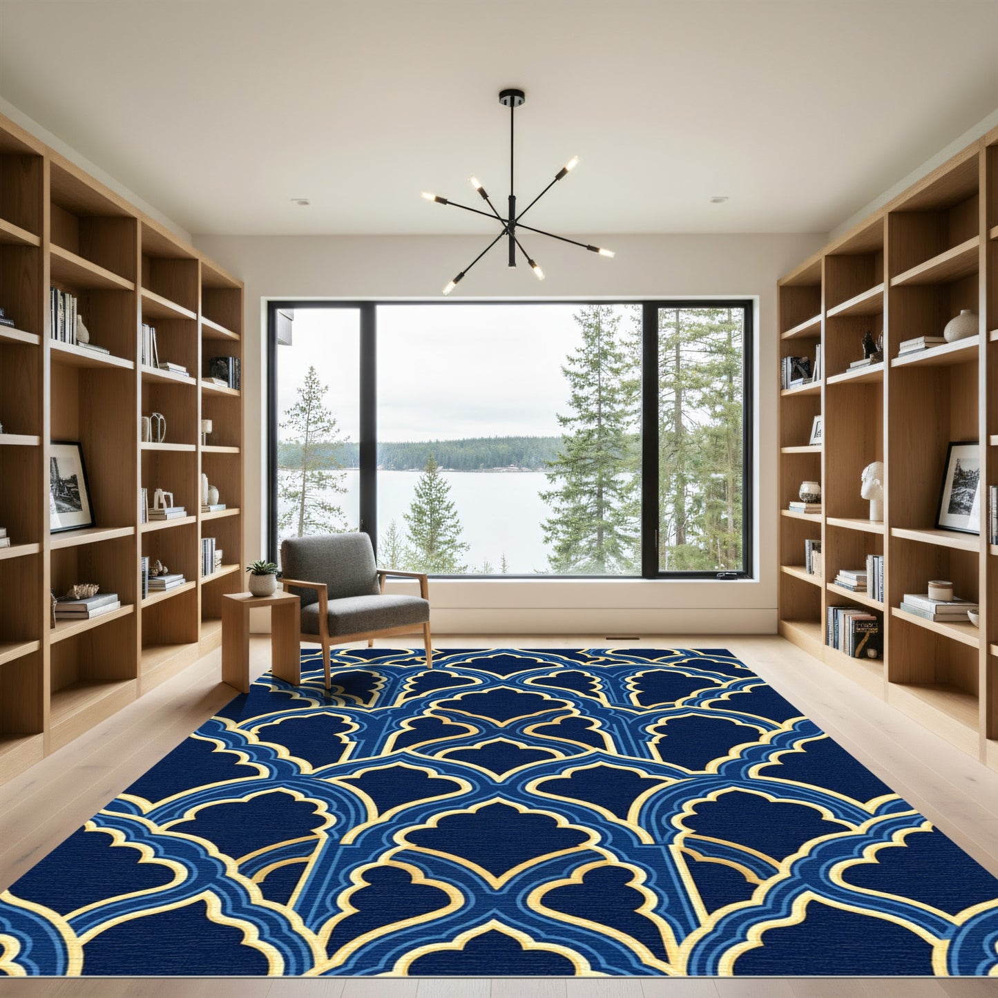 Gold Arched Lattice Navy Blue Rug