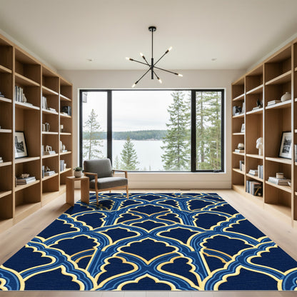 Gold Arched Lattice Navy Blue Rug