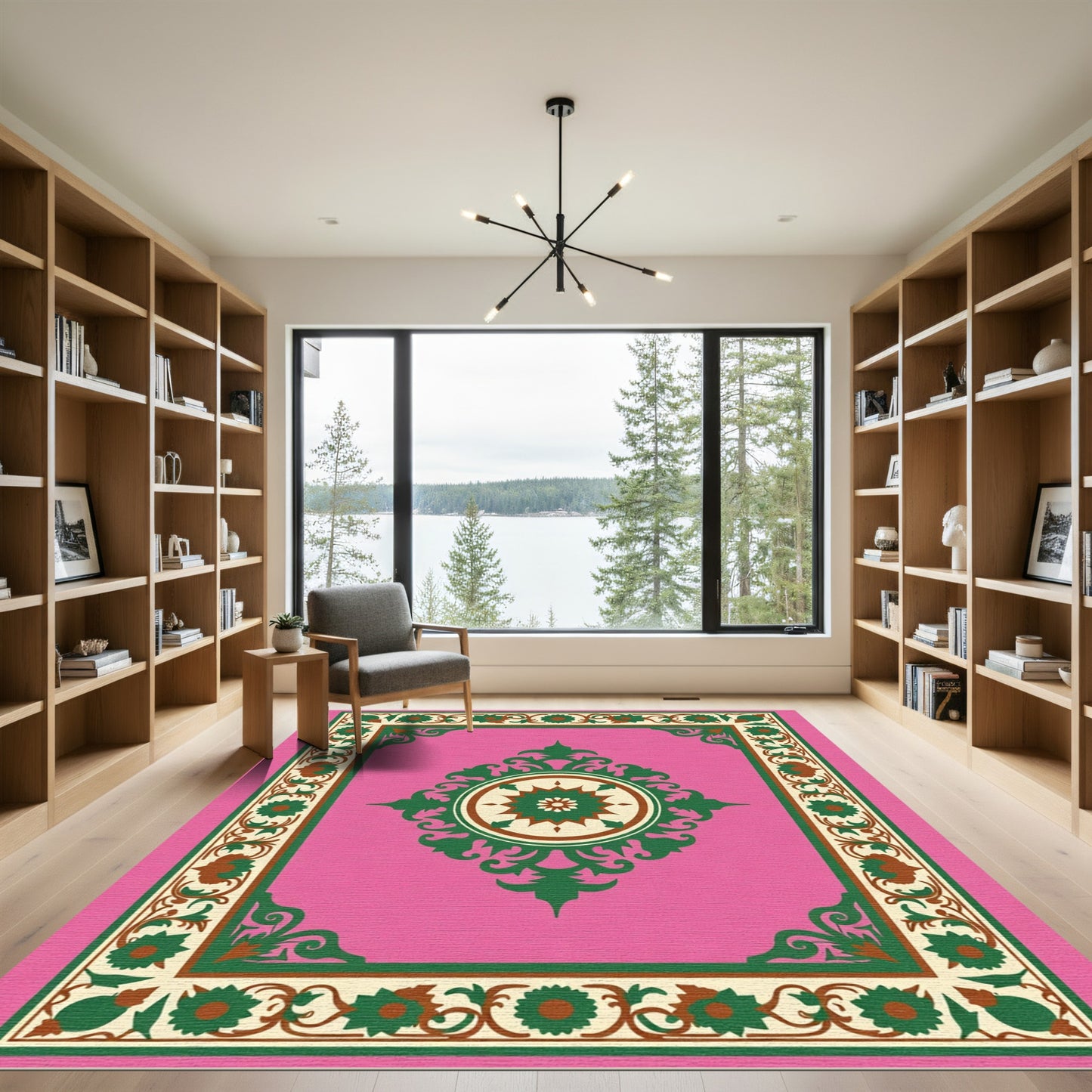 Pink Green Floral Medallion Border Rug