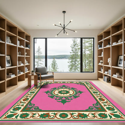 Pink Green Floral Medallion Border Rug