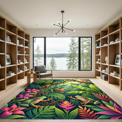Lush Green Tropical Frog Jungle Flora Rug