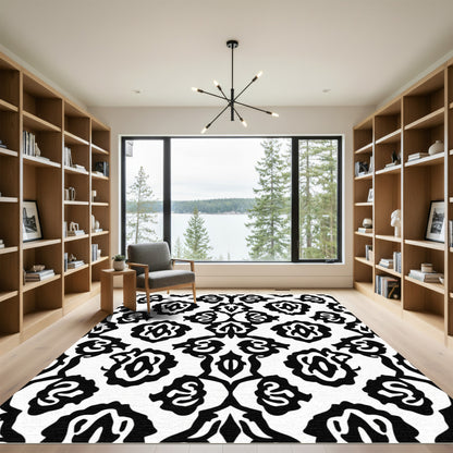 Black White Organic Floral Tile Rug