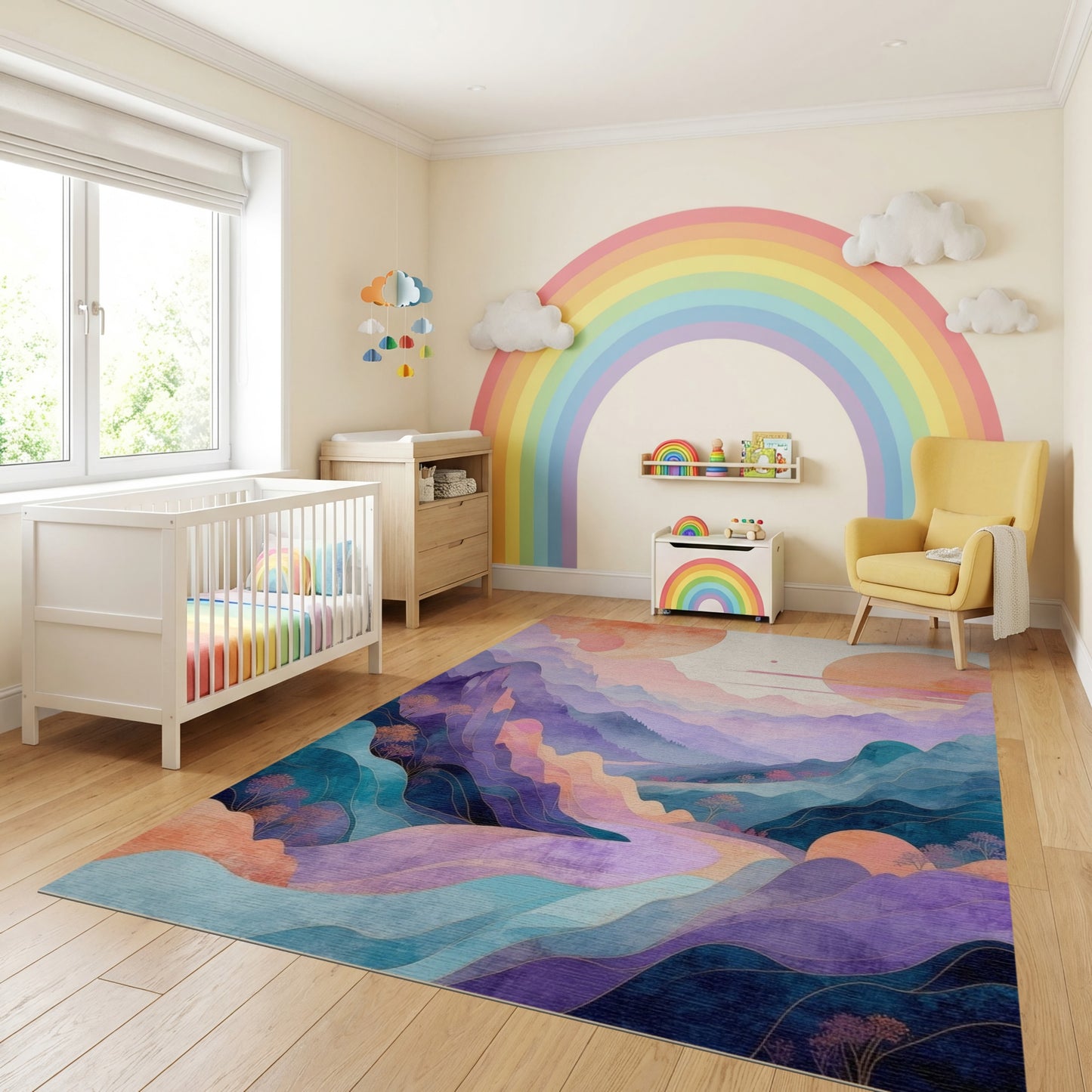 Dreamy Pastel Mountains Orange Suns Rug