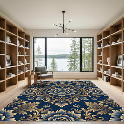 Golden Floral Damask with Subtle Paw Accents Rug