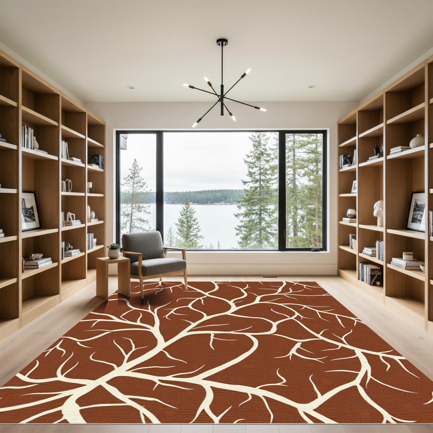 Brown Background White Branch Art Rug