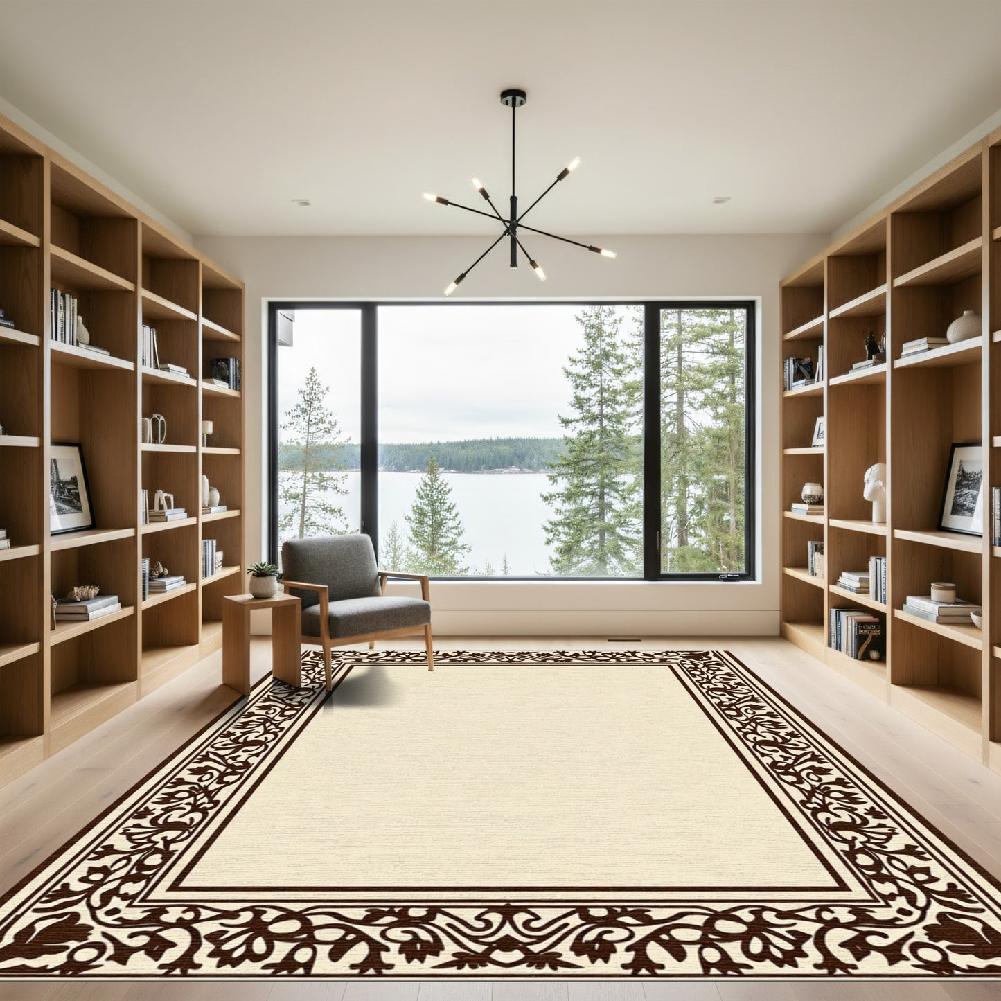 Dark Brown Floral Border Cream Rug