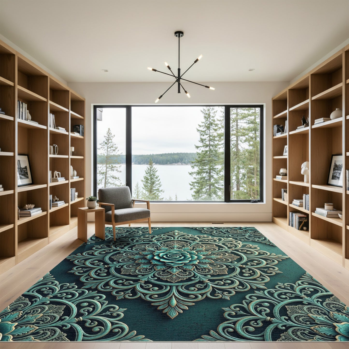 Ornate Teal Rose Damask Medallion Rug