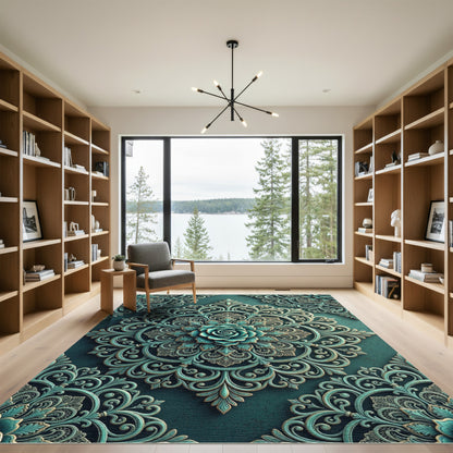Ornate Teal Rose Damask Medallion Rug