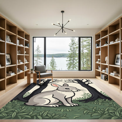 Gray Rabbit in Dark Forest Scene Rug