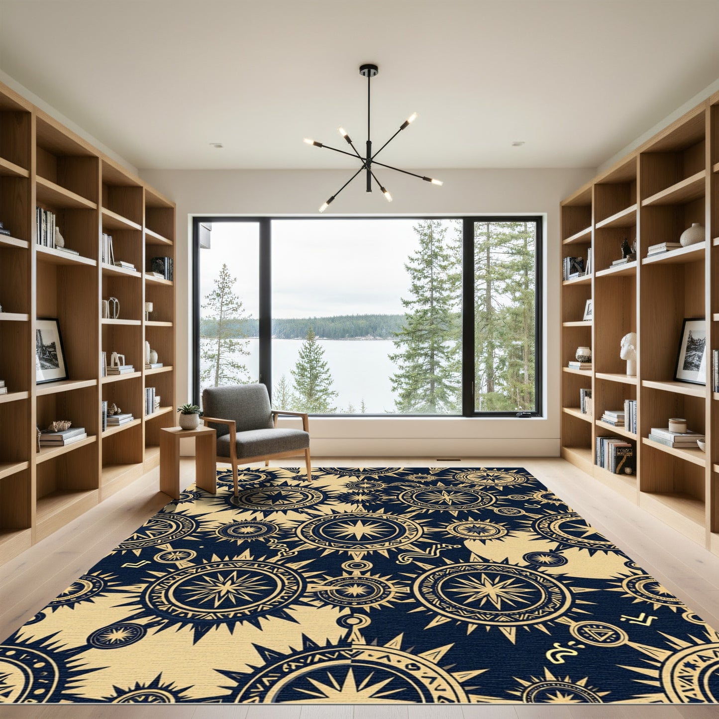 Golden Celestial Sunburst Navy Geometric Rug