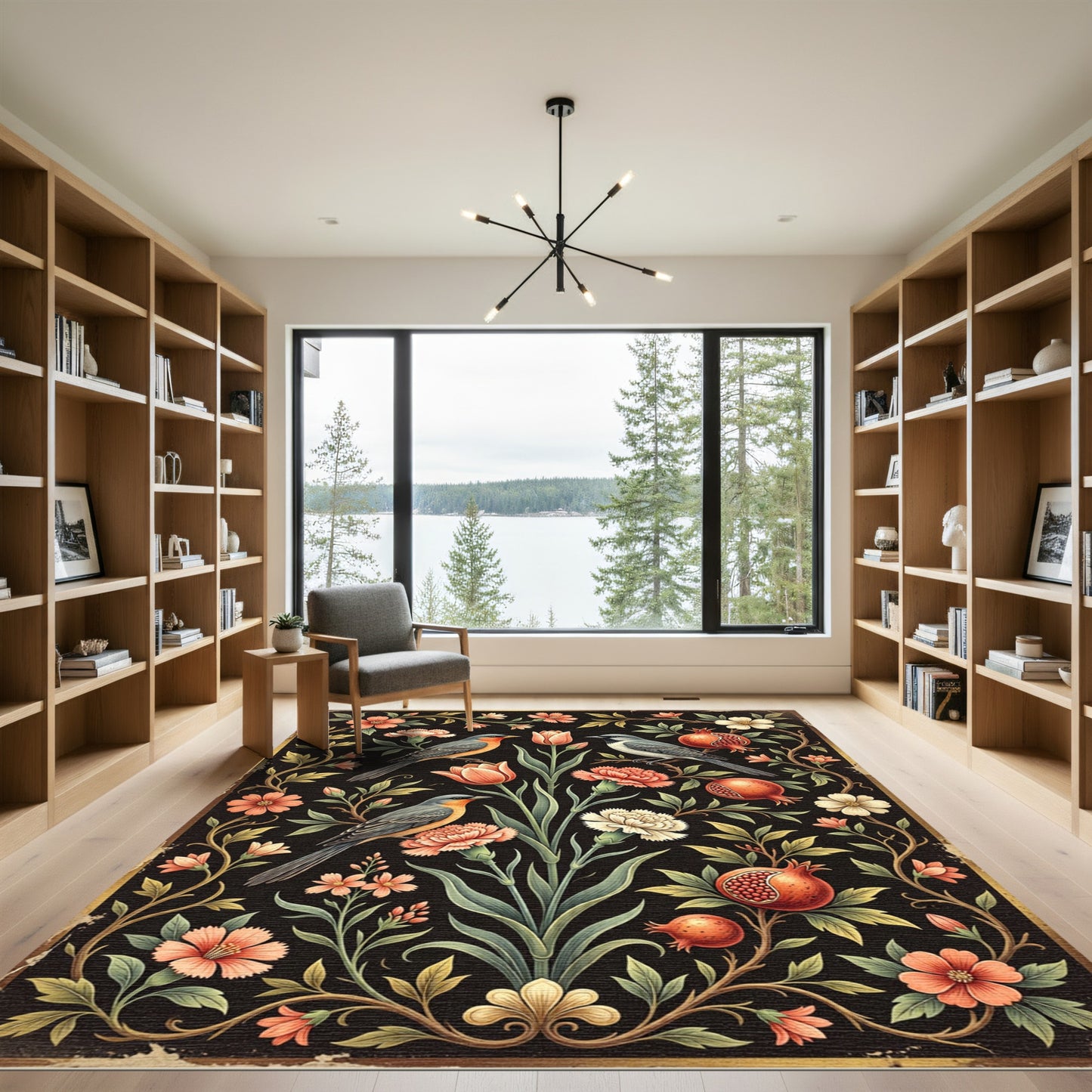 Orangey Pink Floral Bird Pomegranate Rug