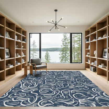 Navy Blue Swirl Abstract Surface Rug