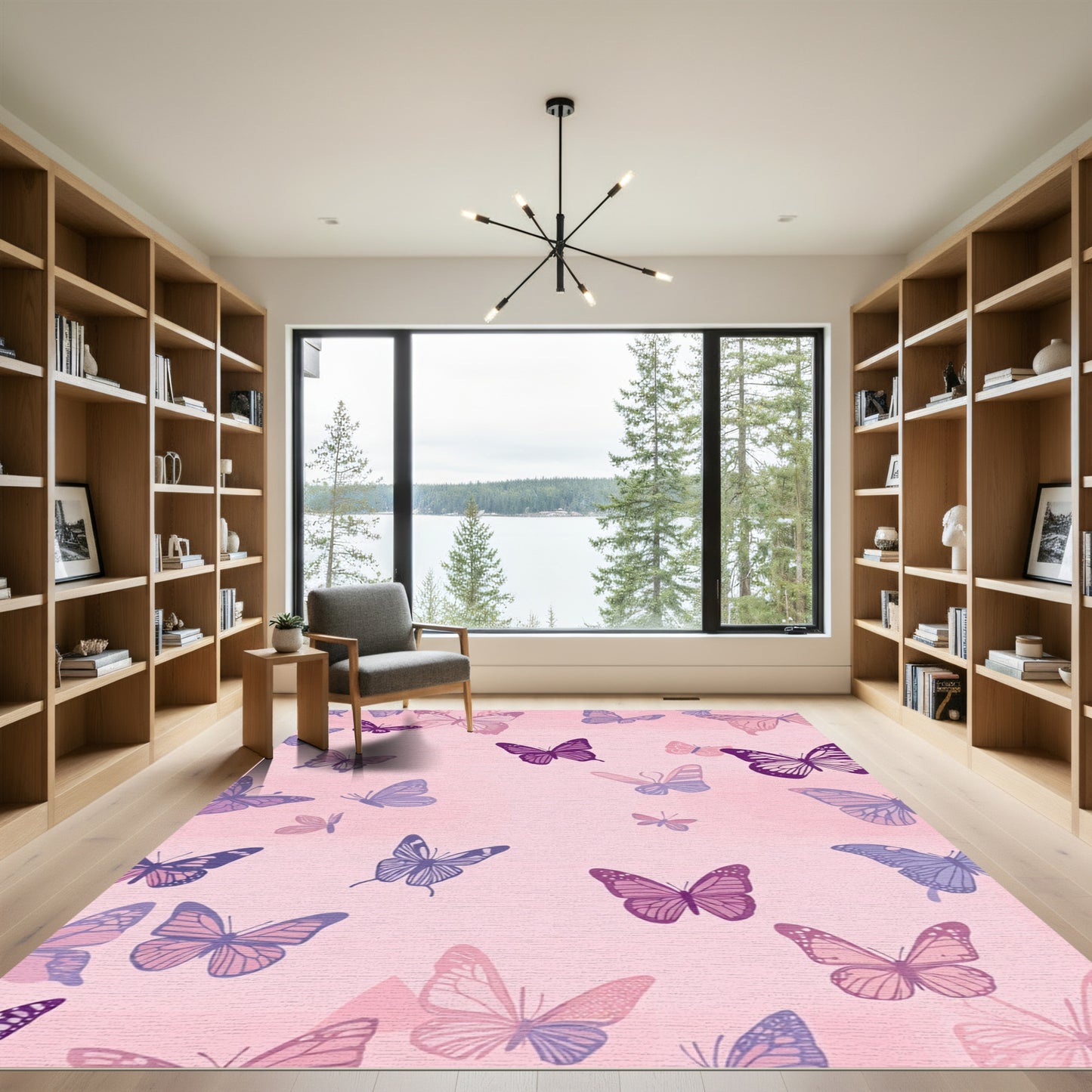 Fanciful Purple Lavender Butterfly Flock Rug