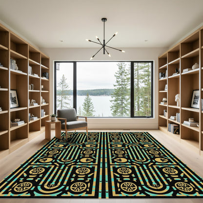 Gold Teal Rectangular Medallion Pattern Rug