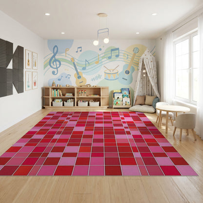 Bold Pink Red Mosaic Grid Rug