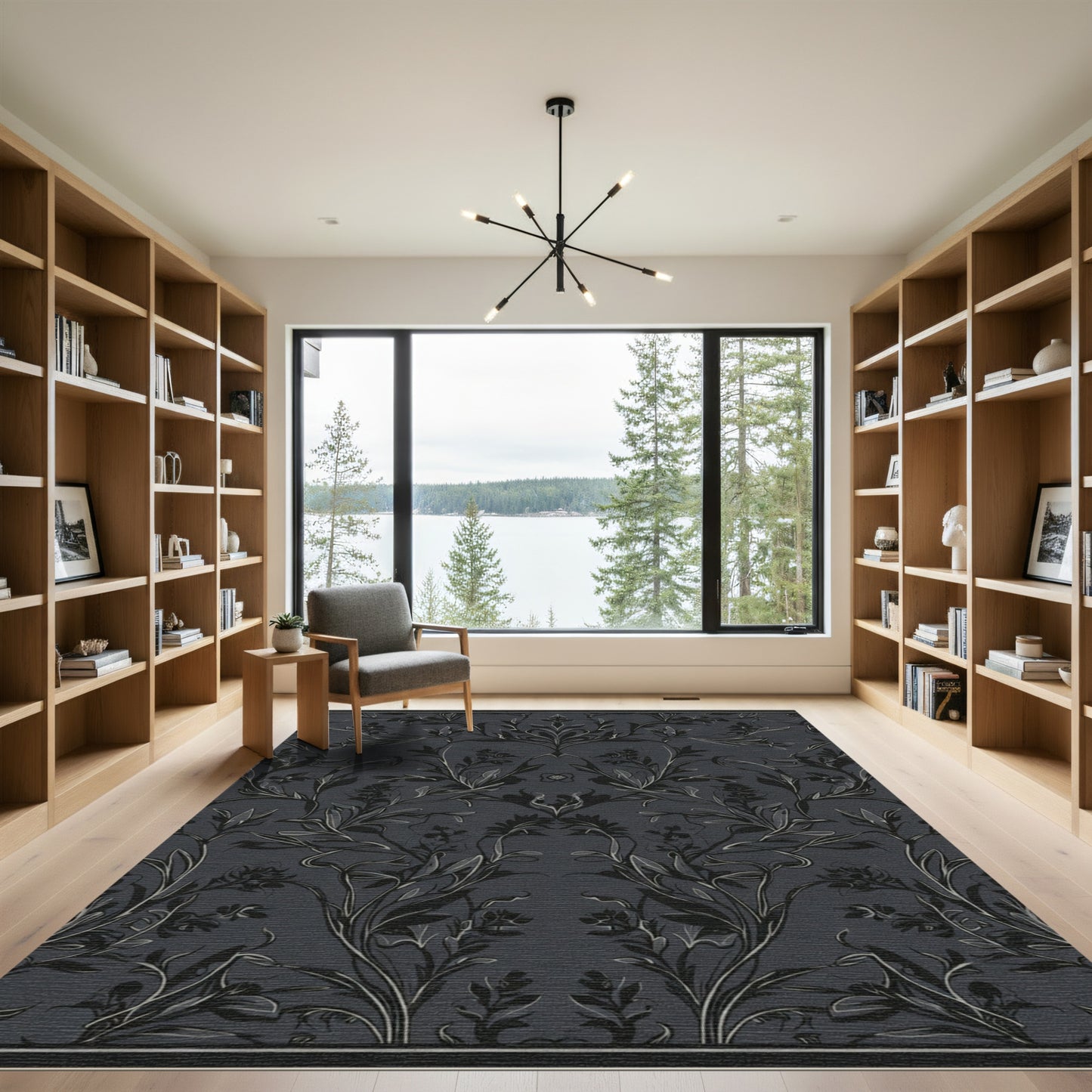 Dark Gray Floral Damask Oval Rug