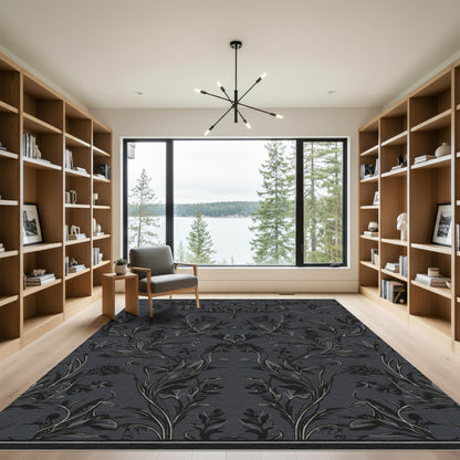 Dark Gray Floral Damask Oval Rug