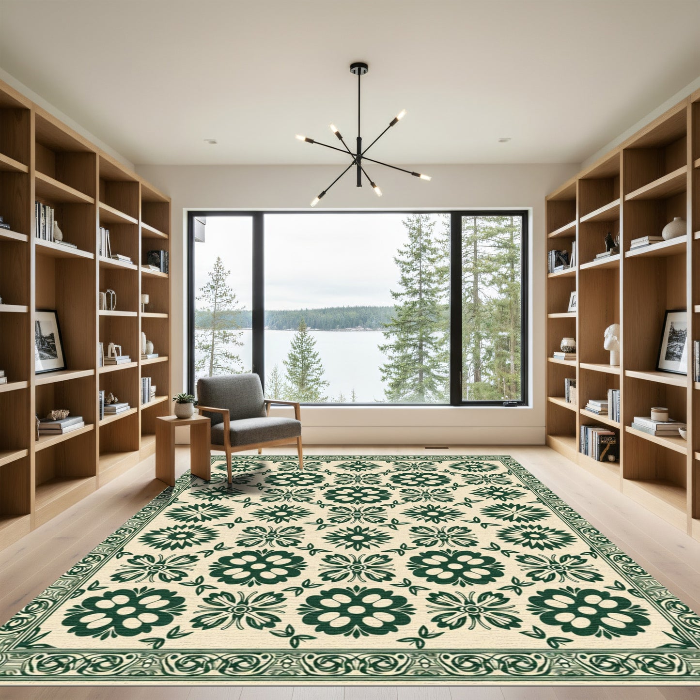 Dark Green Floral Garden Repeating Design Rug