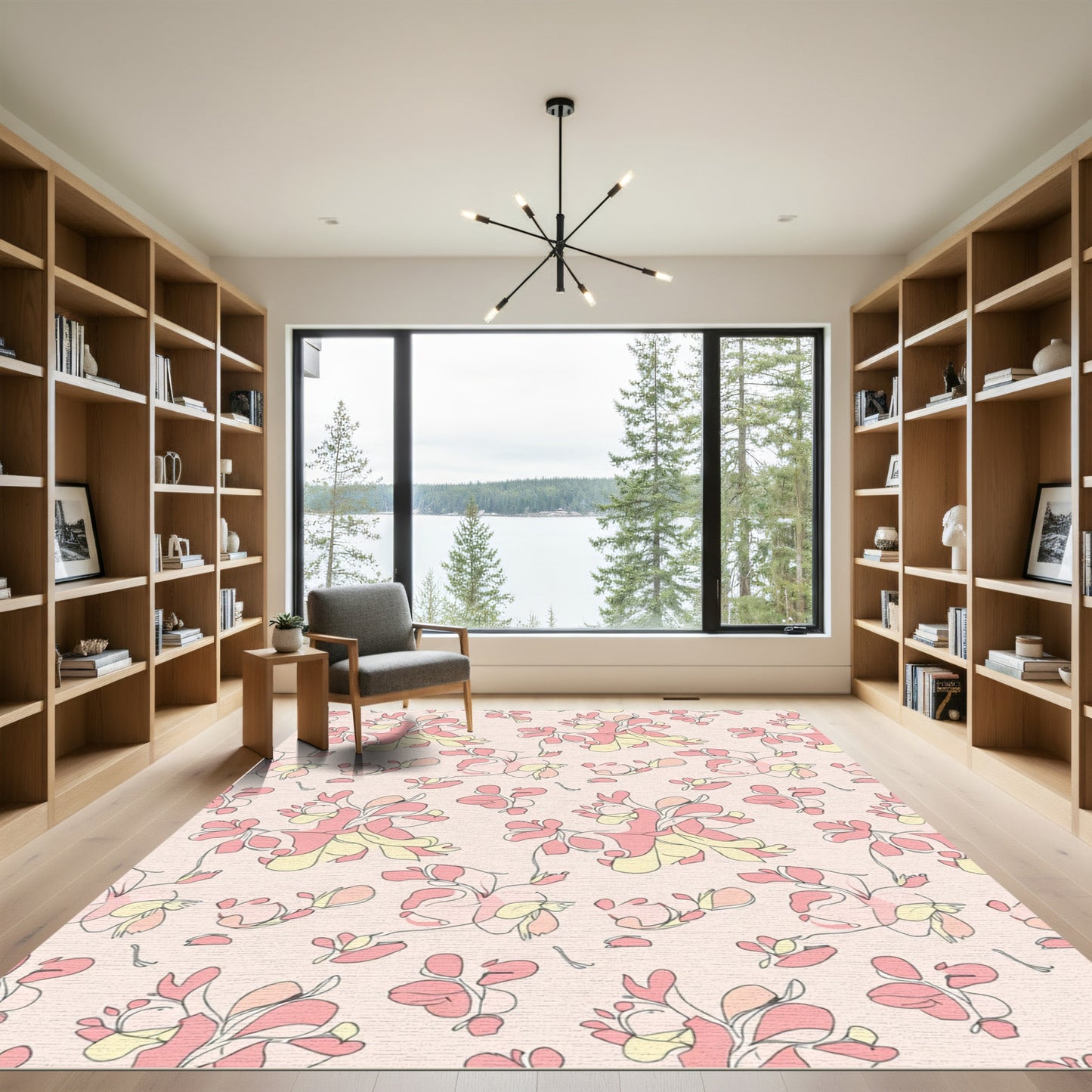 Pink Yellow Floral Line Art Rug